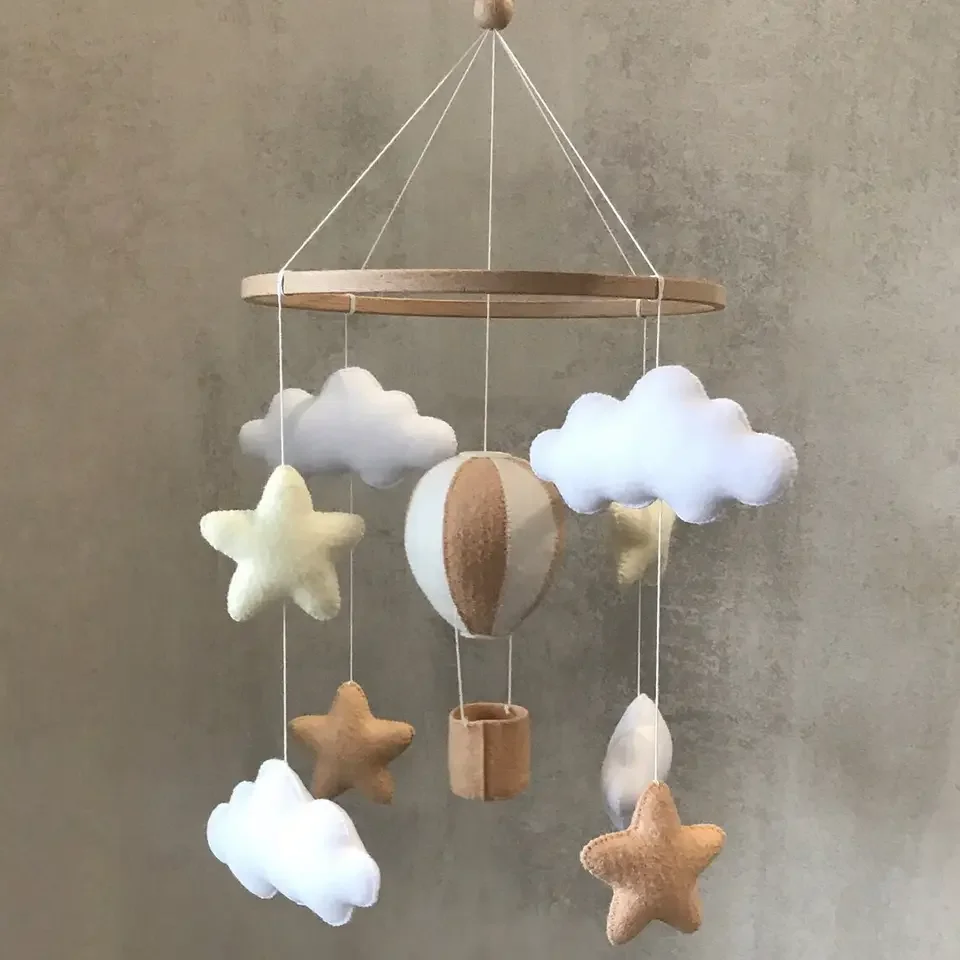 Neutral nursery mobile hot air balloon Felt baby mobile Stars and clouds mobile unisex