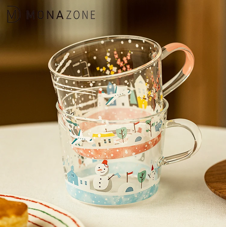 MONAZONE Winter Story Series Large Capacity Coffee Mug Borosilicate Glass Water Cup With Handle