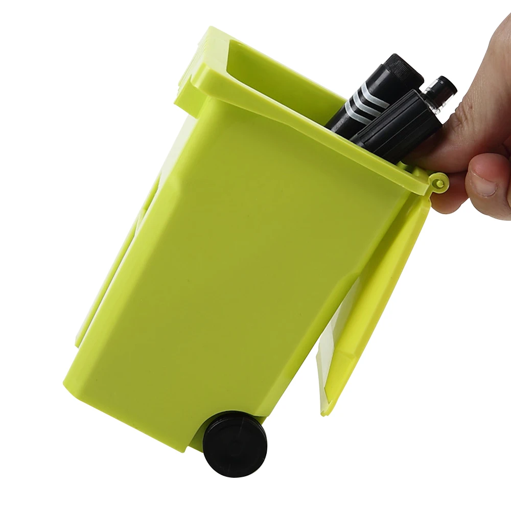 OEM logon Mini trash can shape open lid wheels square PP plastic pen holder desk organizers wholesale
