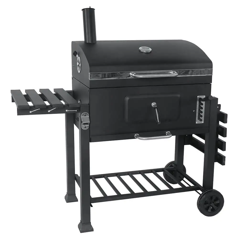 Square Trolley Cast Iron Grill Smoker with Chimney Charcoal Barbecue with Lid