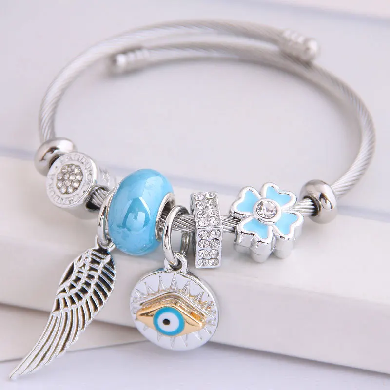 Factory Wholesale Demon Eye Crystal Pearl Lucky Clover Evil Eye Fatima Turkey Blue Eye Stainless Steel Bracelet For Women