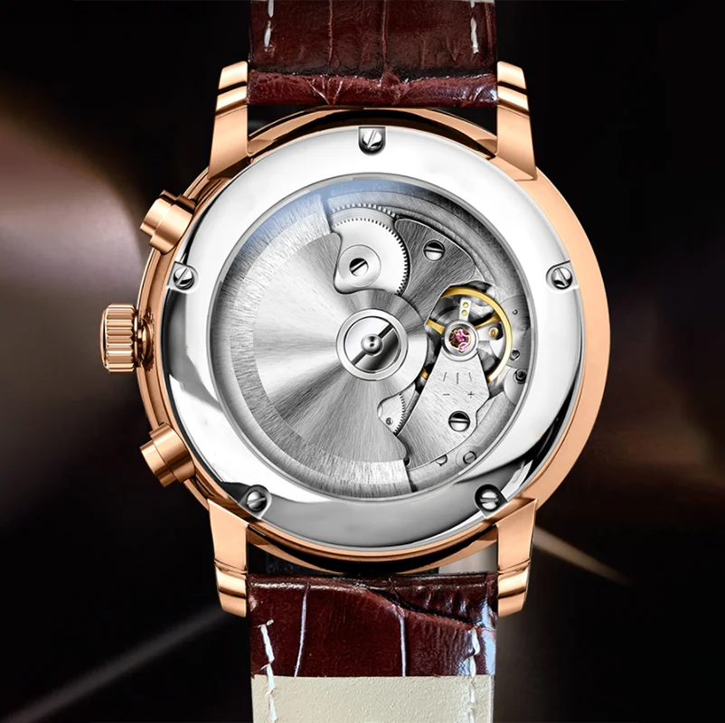 OEM custom leather strap chronograph high quality  back case  men stainless steel automatic watch
