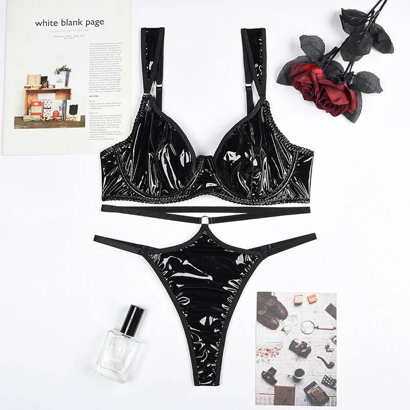 Factory Wholesale Women Black Patent Leather Super Cool Motorcycle Pu Two-Piece Sexy Lingerie Set Underwear G-String