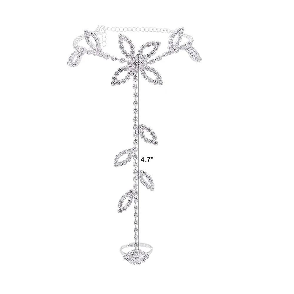 Bohemian Rhinestone Leaf Hand Harness Bracelet Crystal Anklets With Toe Ring Beach Wedding Rhinestone Barefoot Sandals For Women