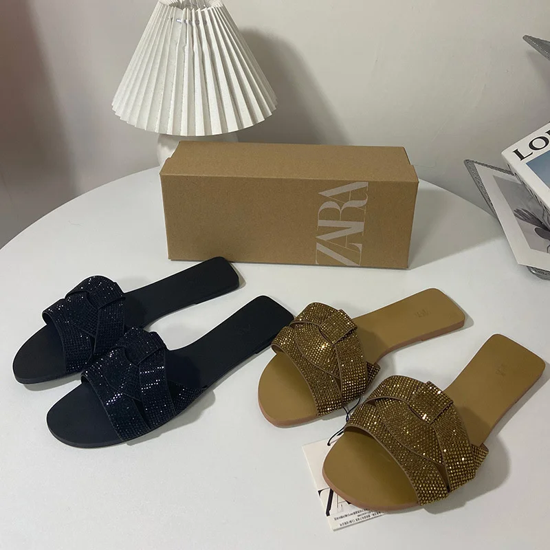 New 2024 summer flat-bottomed shoes rhinestone bright open-toed sandals and slippers for women