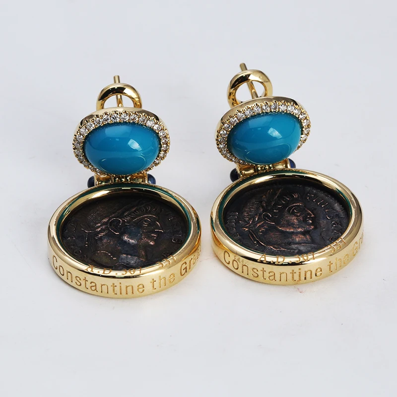 Wholesale Designer Inspired Luxury Women 18K Gold-Plated Gemstone Moissanite Zircon S925 Silver Turquoise Antique Coin Earrings