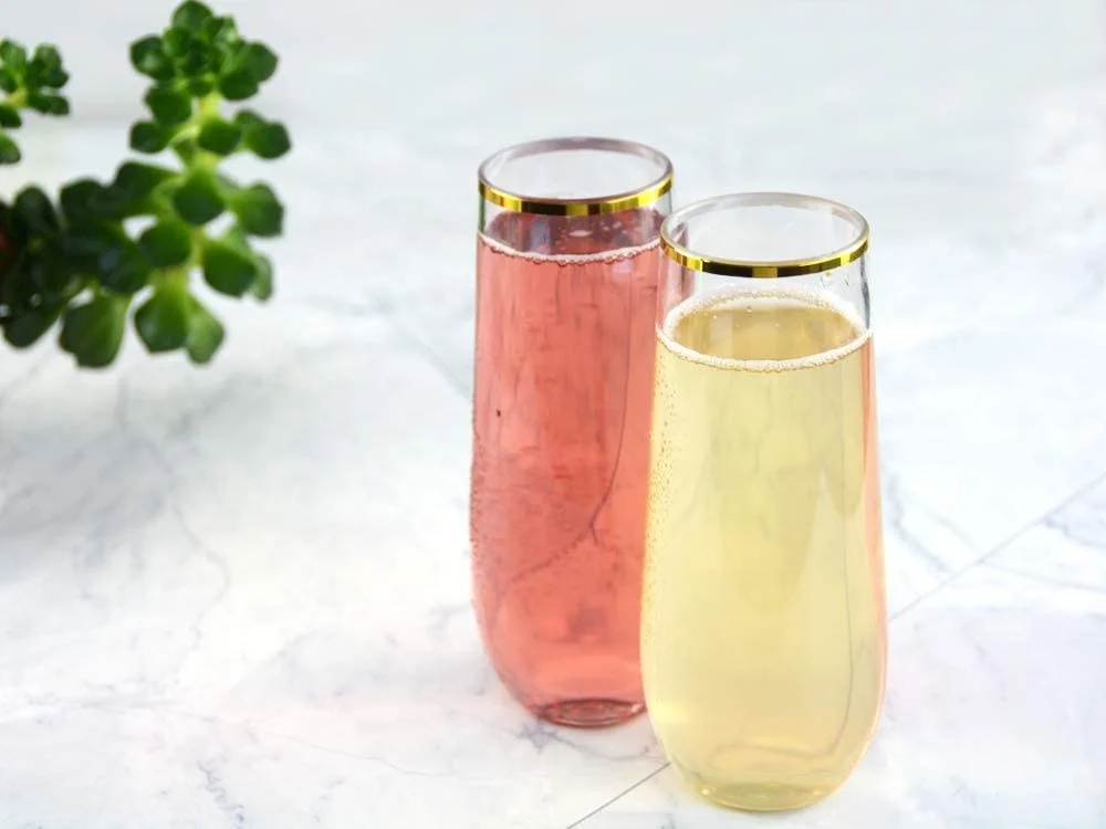 9 Oz Gold Rim Stemless Plastic Champagne Flutes Clear Unbreakable Toasting Wedding Wine Glassware, Shatterproof Disposable cup