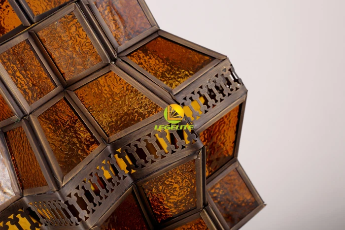 Antique Retro Geometric Amber Textured Ceiling Tiffany Mosaic Glass Brass Moroccan Pendant Lamp Modern Chandelier Pendant Light