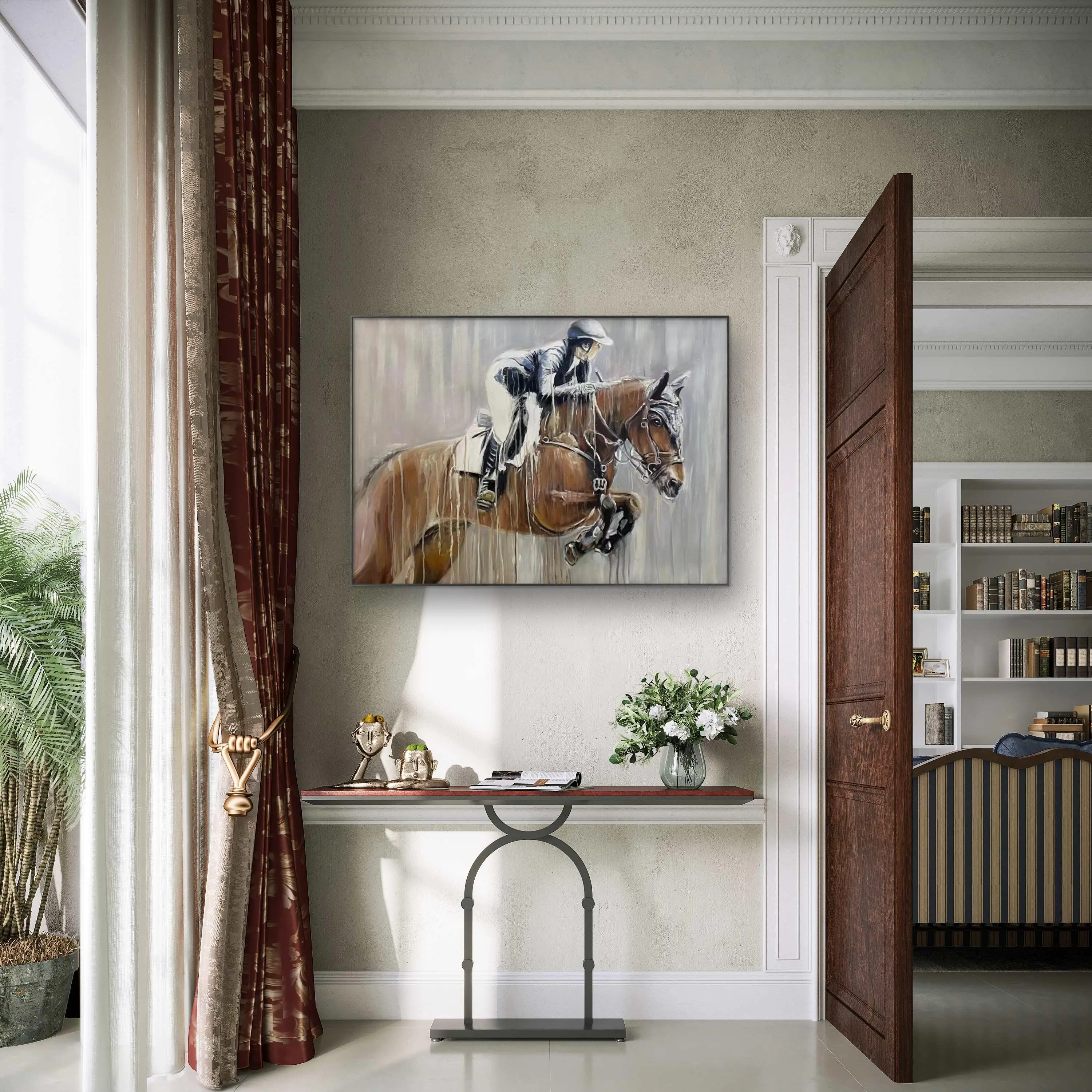 Hand drawn modern style restaurant decoration painting porch sofa background hanging painting abstract horse ridingoil painting