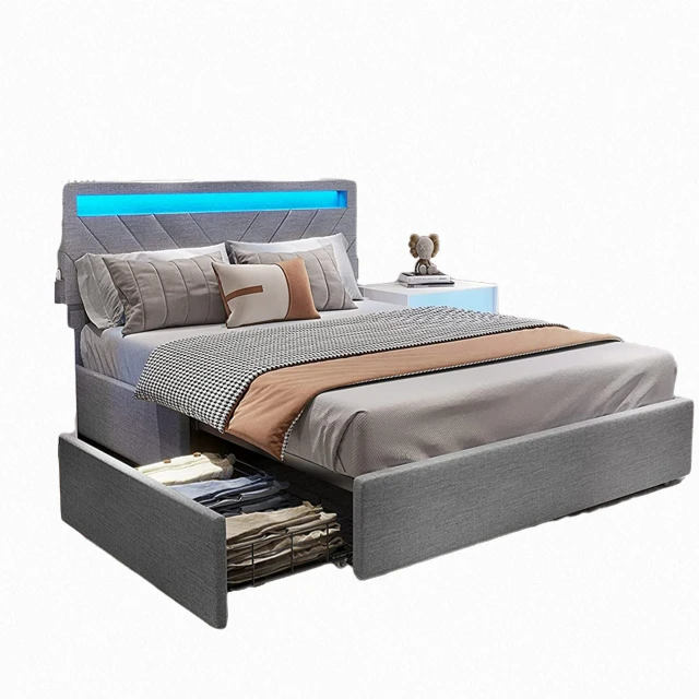 LED Lights Platform Bed  Headboard Morden Bed king size queen upholstered Bunk bed frame bedroom furniture set with storage