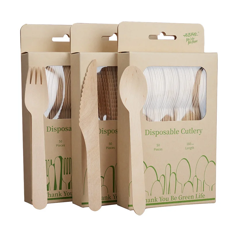 Individually packaged 16cm biodegradable disposable wooden knives forks spoons for household use