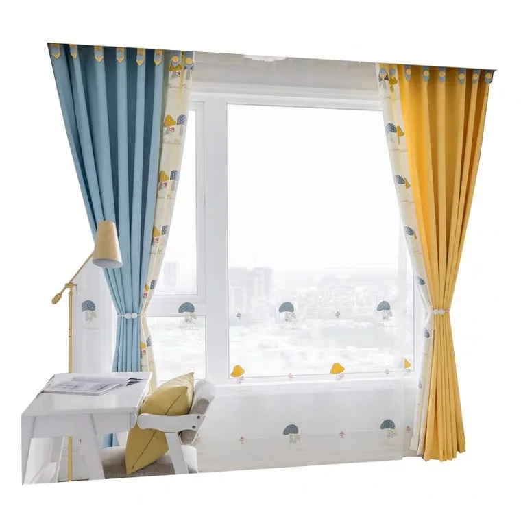 Mushroom Pattern Blackout Curtain Cartoon Embroidered Splice Window Drapes Tulle Curtains for Kid Girl Polyester Europe Woven