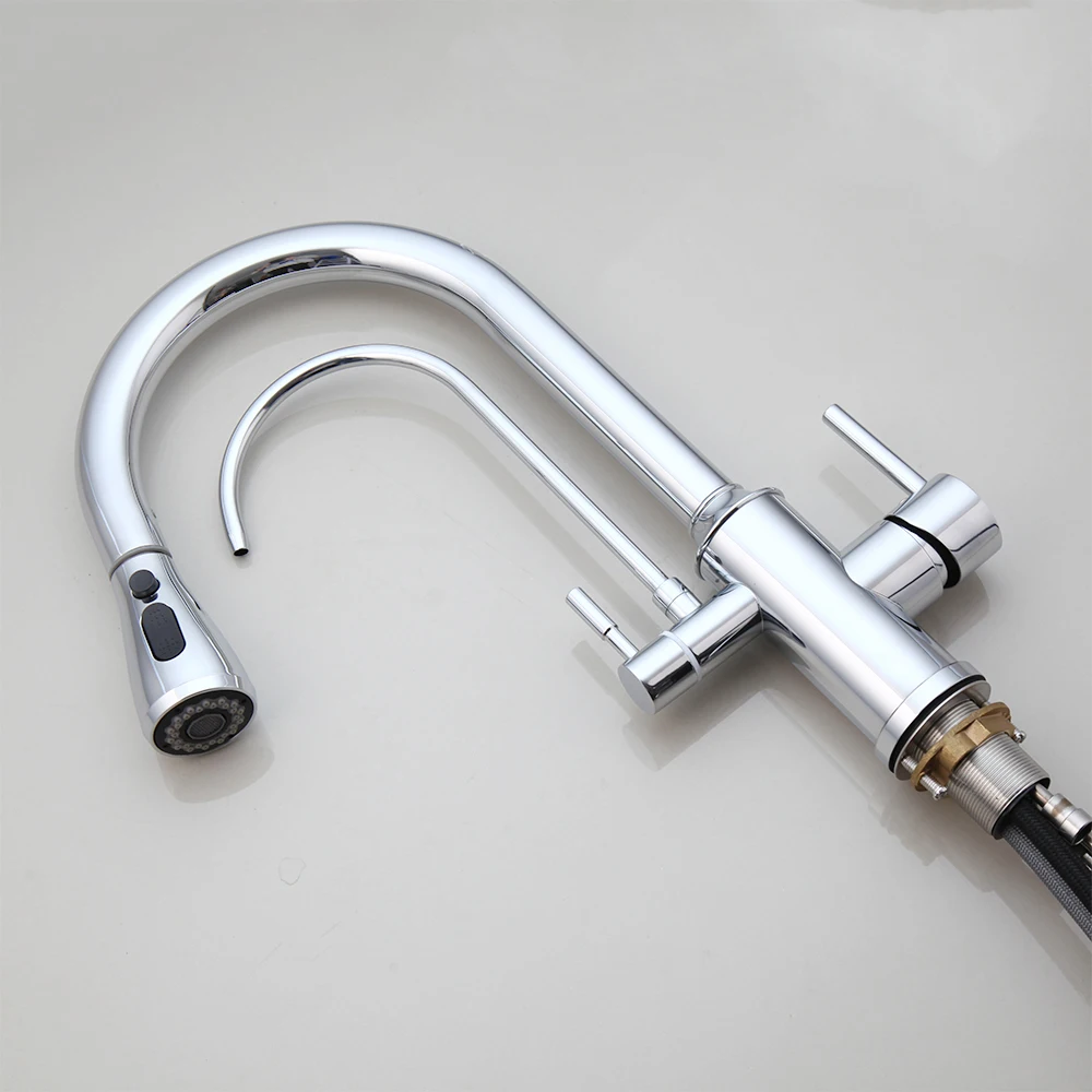 Silver Kitchen Water Purifier Faucet Double Handle Hot and Cold Mixer Taps Deck Mounted