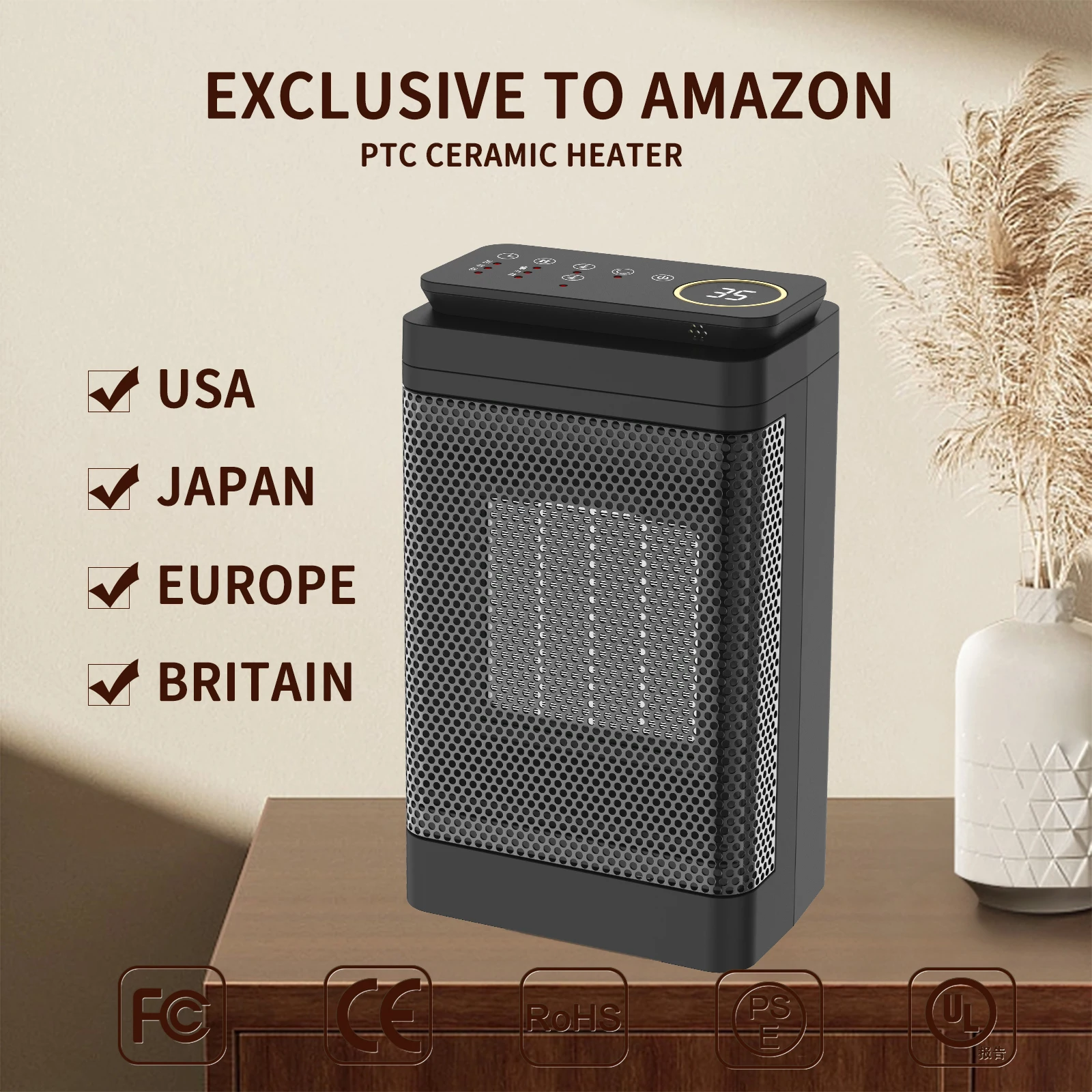 Portable Electric PTC Ceramic Heater Fan with 1500W Touch Screen Digital display Remote Control and Timing for EU Home Outdoor