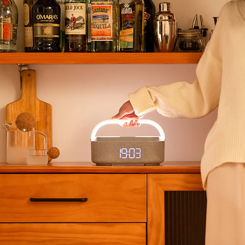 Dock Station 15W Fast Wooden Wireless Charger 4 in 1 clock Time Display touch Lamp Speaker