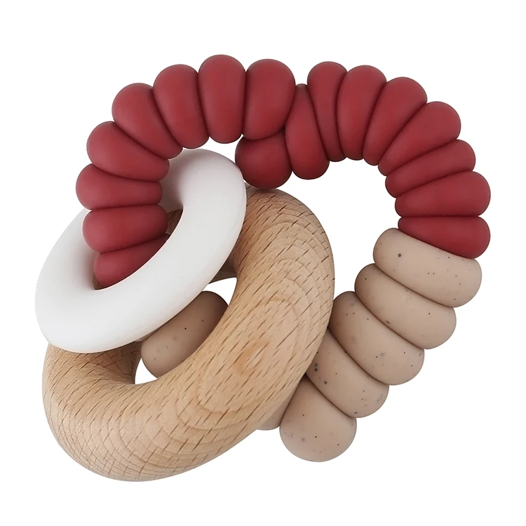Top Ranking Suppliers Baby Teether heart shape Bracelet Wooden Teether Ring Nursing Safe Organic 2pc Bangle Silicone Teether Toy