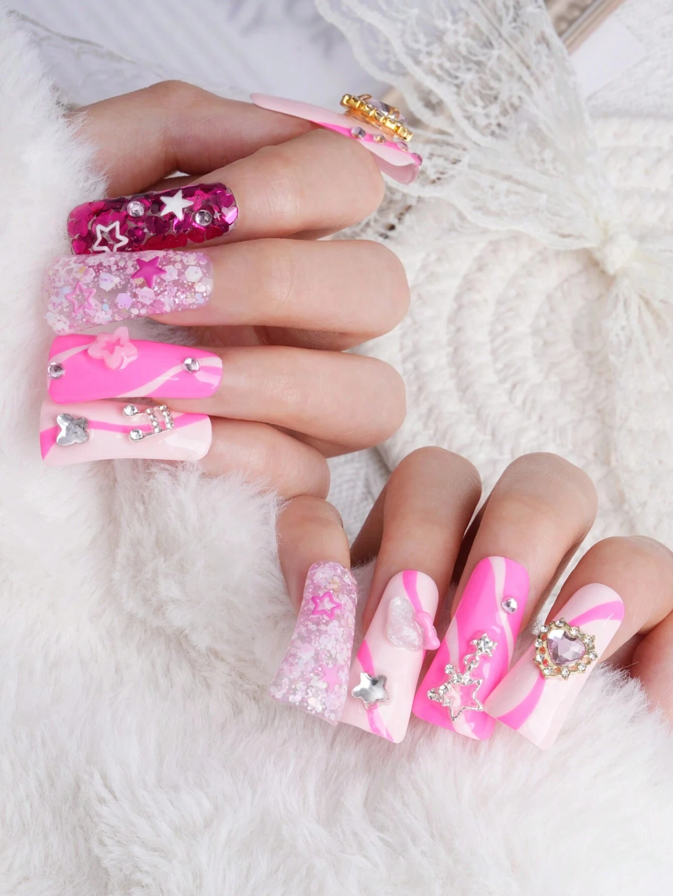 10pcs Exclusive Design Duck Nails Y2K Pink Glitter Handmade Press On Nails With 3D Gem Rhinestones