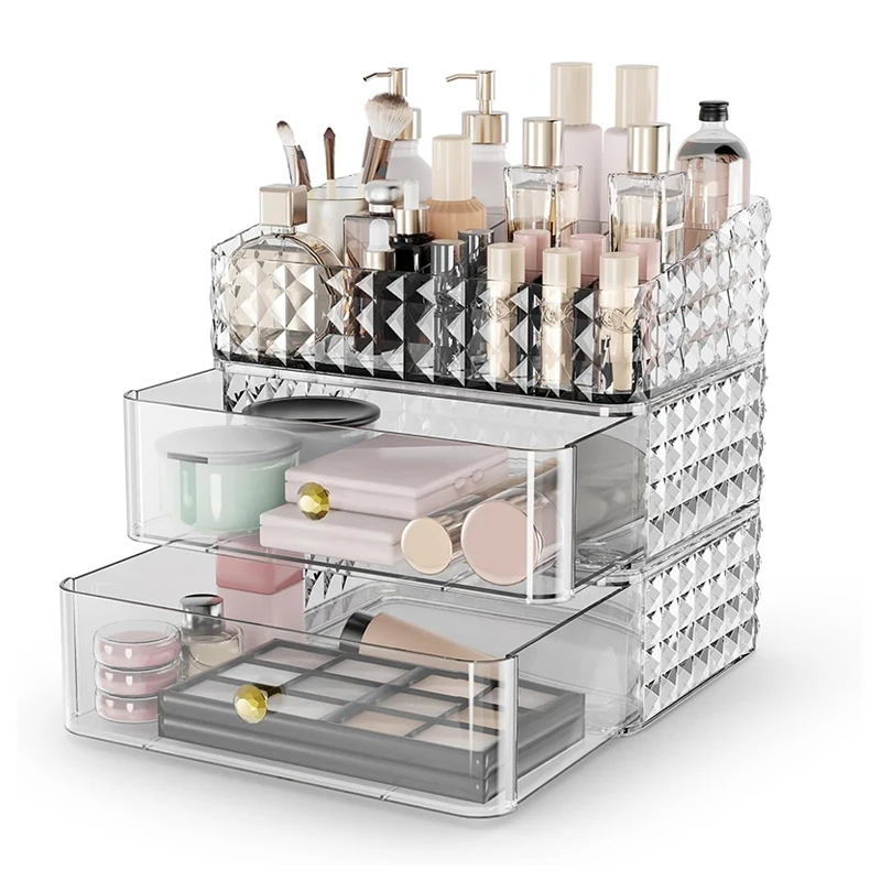 Stackable Clear Acrylic Cosmetic Storage Box Vanity Makeup Organizer w/ Drawer Tray for Lipstick Eyeshadow Skincare Display Case