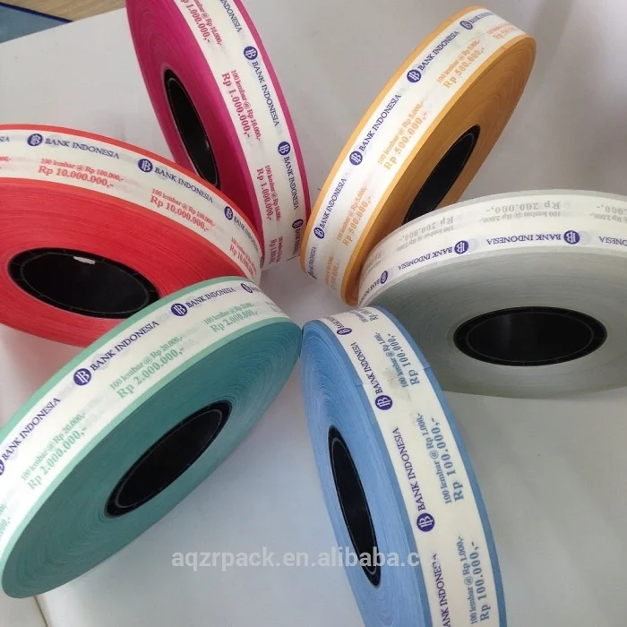 Currency banknote banding heat sealing 40mm printed kraft paper strapping tape roll for wrapping machine use