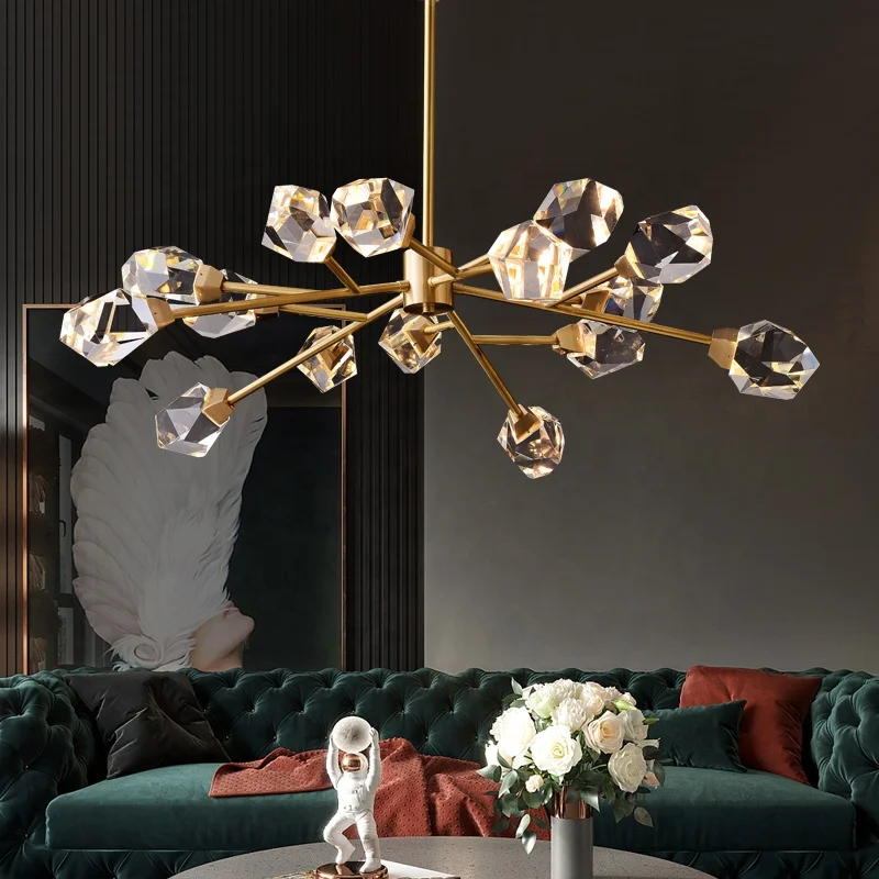 Luxury modern K9 crystal hanging pendant light hotel lobby living room led brass gold ceiling home decorative chandelier