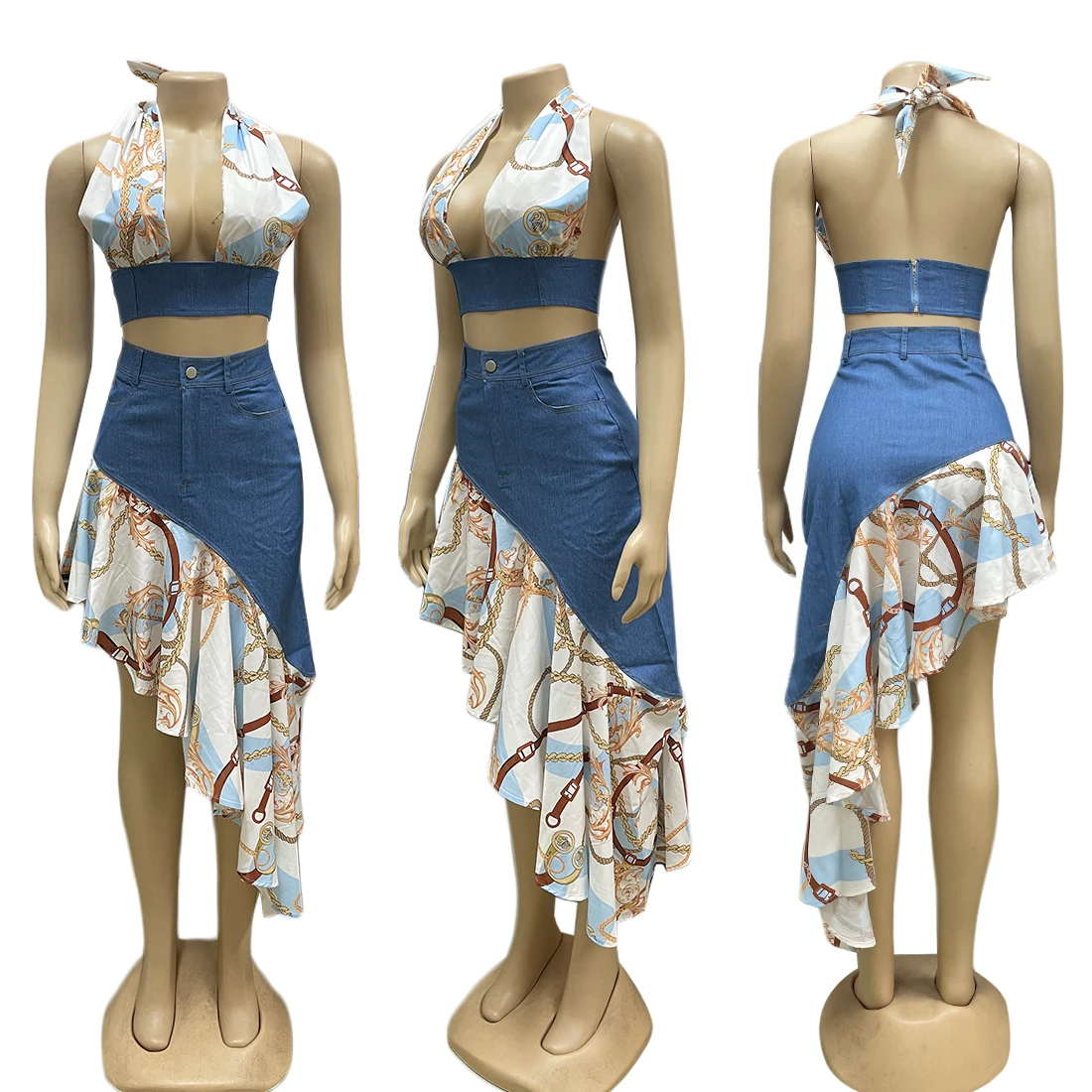 Two piece skirt set denim skirt two piece set skirt for women