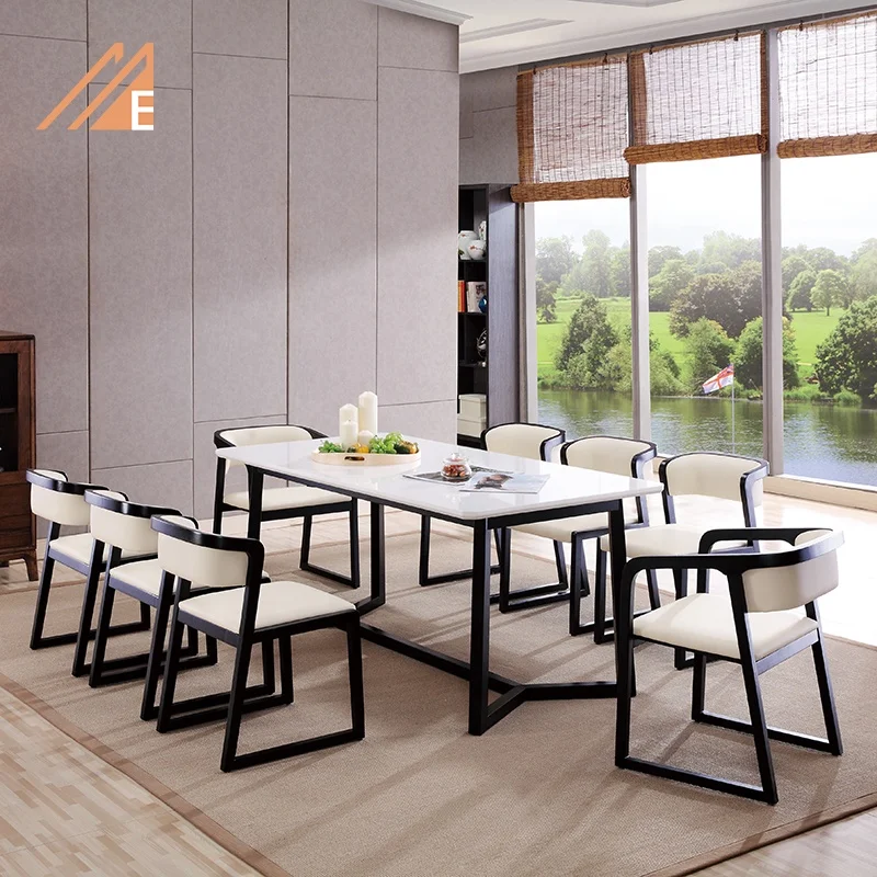 Luxury Marble Top Wooden Legs Dining Room Restaurant Furniture Long Table Set