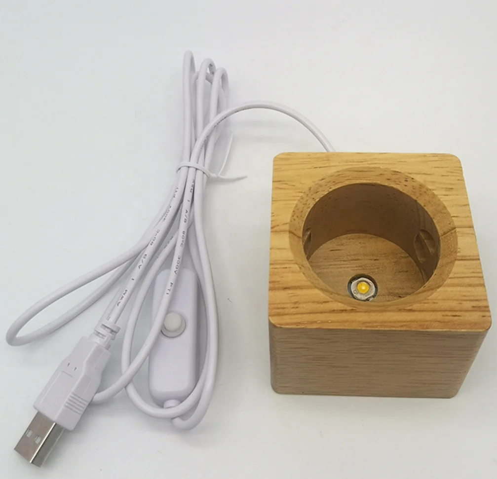 Cube Wooden Display Stand with Star Engraving Decoration for Crystal Ball Single LED Color Swith on USB Cable