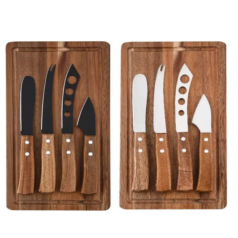 RUITAI Professional Utensils Set 4 PCS Stainless Steel Acacia Cheese Cutting Knives Set with Cheese Board