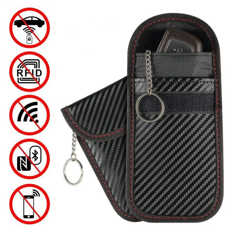 Carbon Fiber Leather RFID Car Key Signals Blocker Case With Key Hook Keyless Car Theft Pouch Faraday Bag