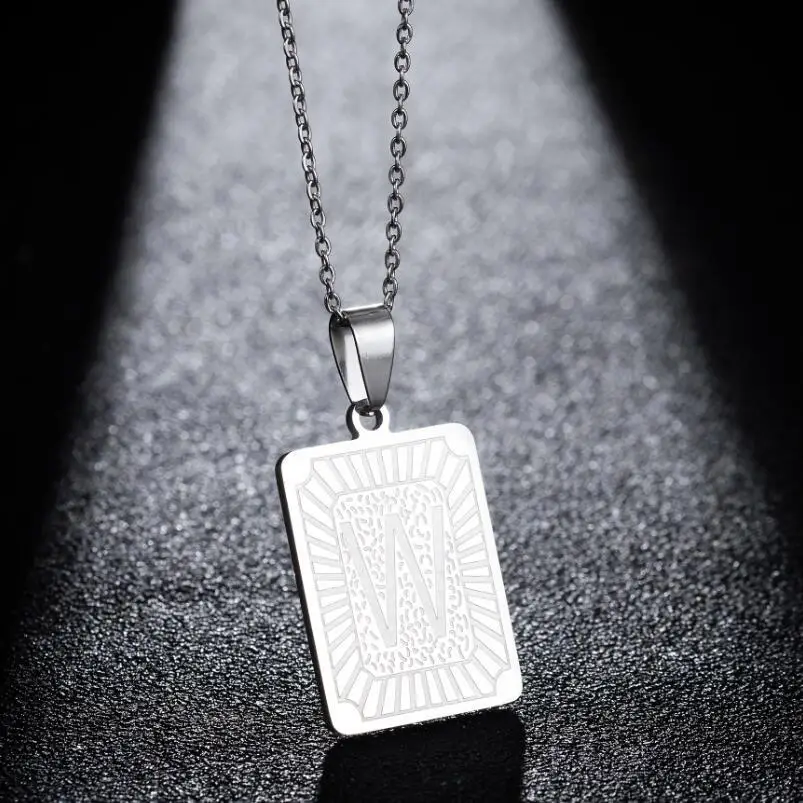 Hip Hops Gold Plated Square Tags 26 Alphabet Pendant Necklace Stainless Steel Punk Capital Letter Necklace