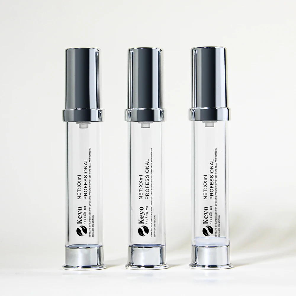 15ml Mini Sample Size Plastic Airless Pump Bottles Cosmetics Packaging Refillable Airless Serum Bottle Metallic Silver Color