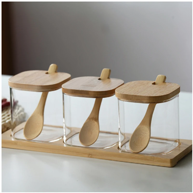 Hot Sell Seasoning Box 3 Sets Glass Condiment Jar with Bamboo Lid and Spoon Base for Salt Sugar Spice Pepper
