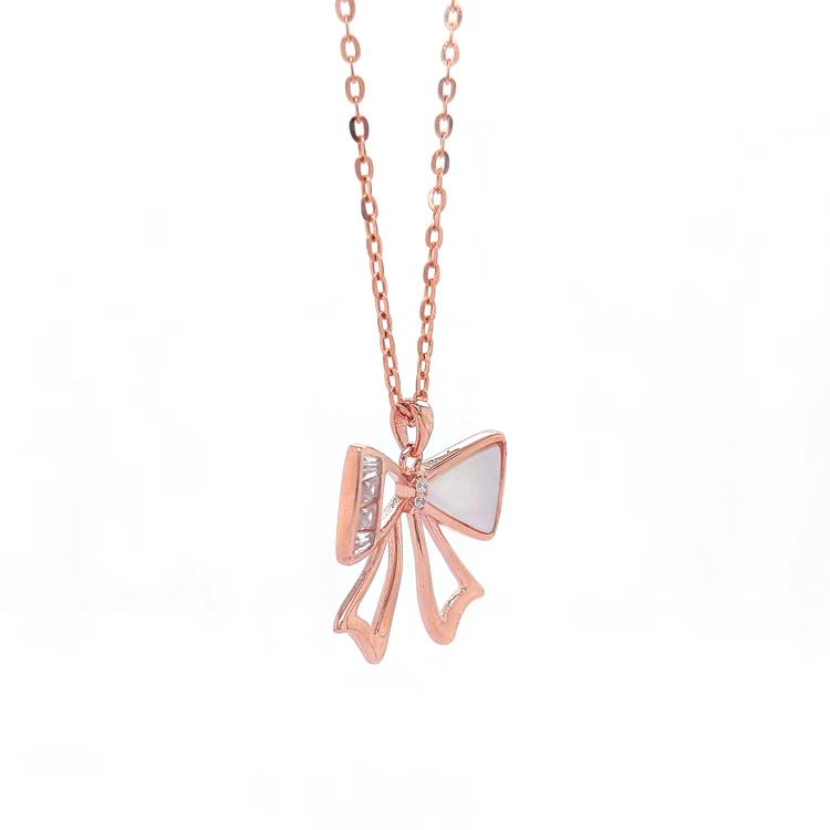 Fashion Ribbon 925 Sterling Silver Rose Gold Plated Pendant  Necklace Sterling Silver Necklace