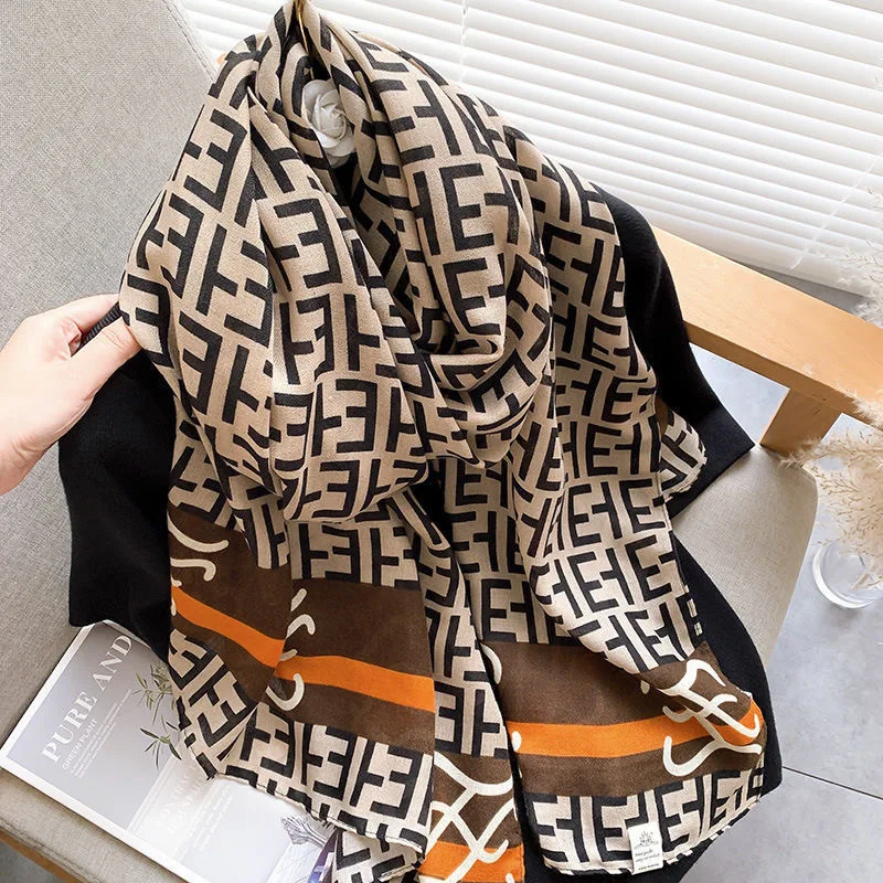 Hot sale high-quality designer autumn winter black and white letters pattern cotton and linen shawl scarf for women and girls