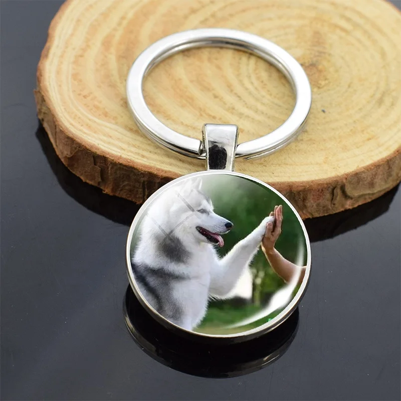 Animals Key Chains Siberian Husky Double Side Keychain Dog Photo Glass Cabochon Keyring Animals Jewelry