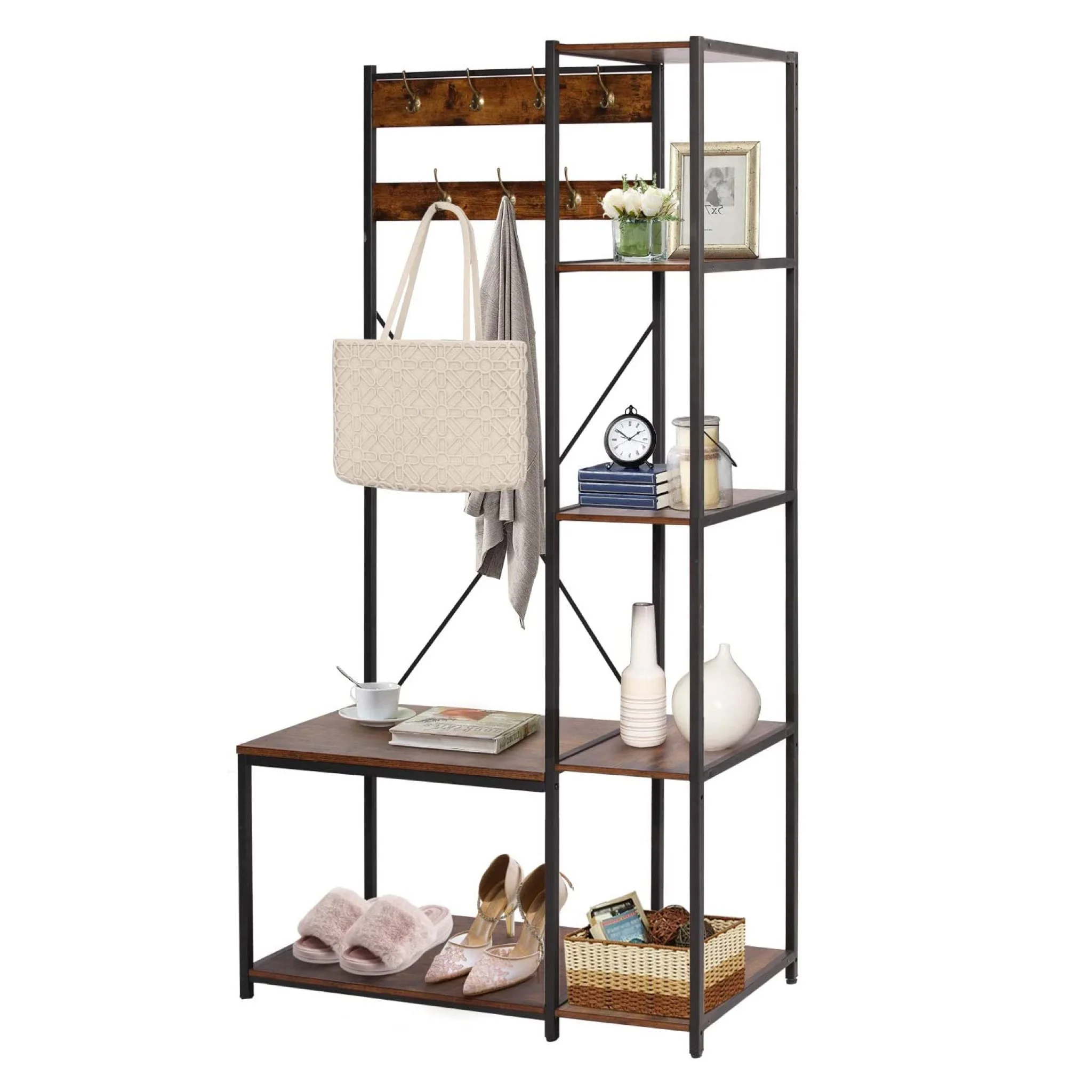 Wooden with metal frame living room furniture modern style coat rack standing home with bench and hooks storage shelves