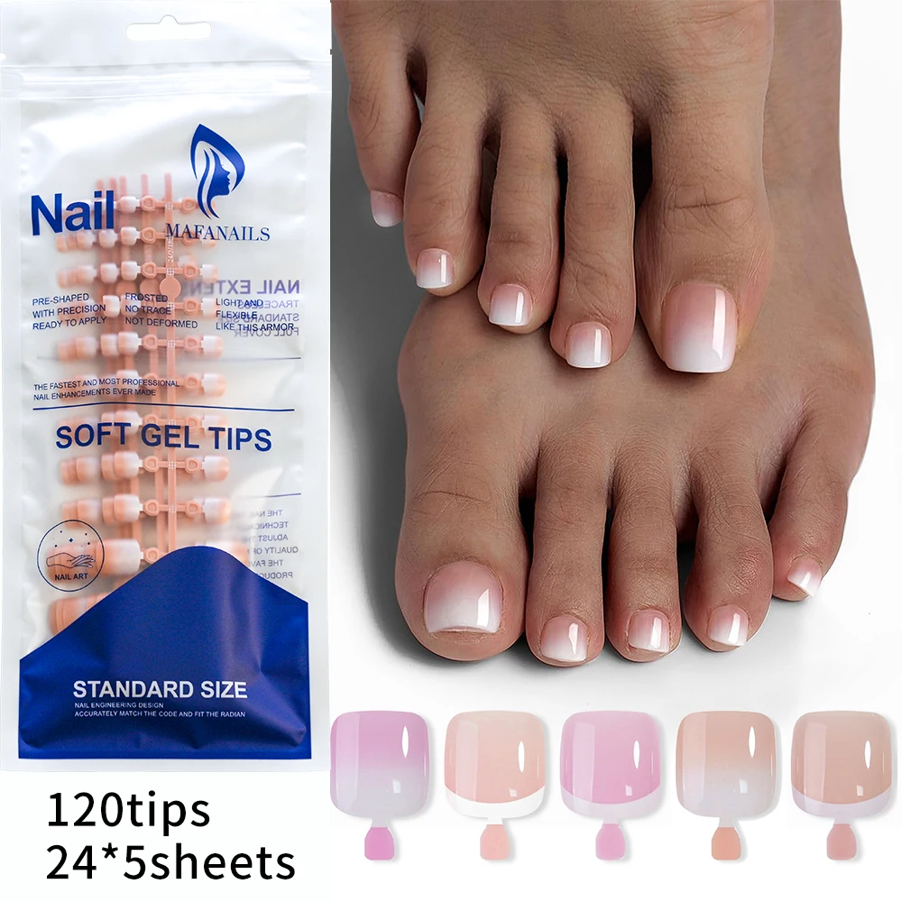 120pcs Press On Toenails Mixed Color French Tips Short Square Shape Glossy Geometric Pattern Easy DIY Nail Art for Feet
