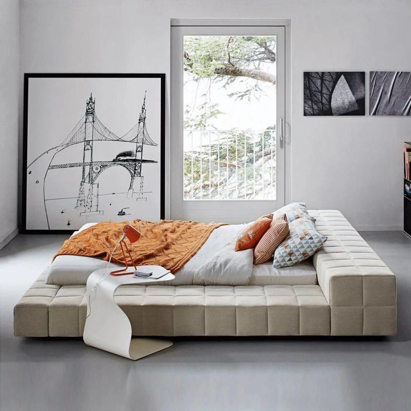 Newest Italian minimalist tatami floor platform bed upholstered kids bed low back full size king queen wooden frame bed