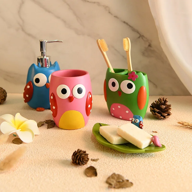 Kids Cute Owl Resin Bathroom Accessories For Baby Gift Bath Set House Decoration
