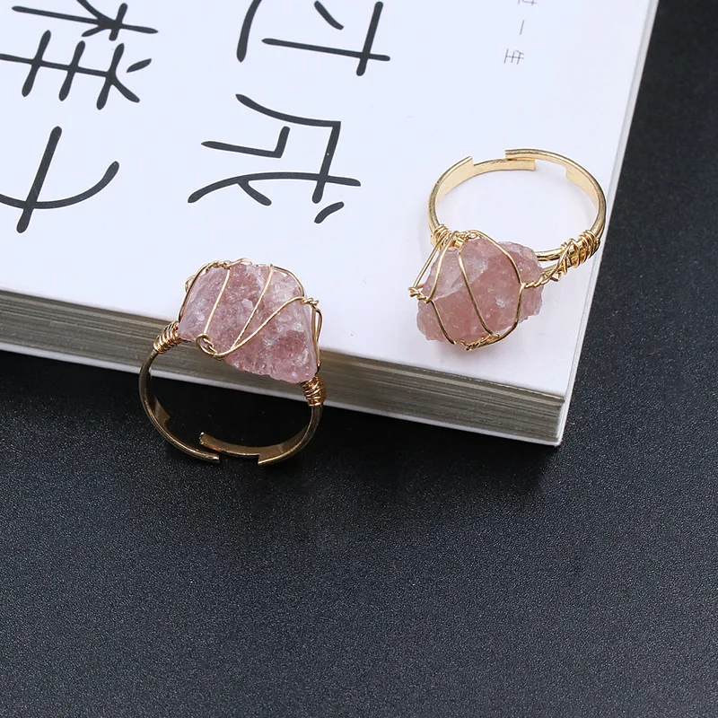 Custom Natural Stone Amethyst Raw Stone Blue Crystal Ring DIY Crystal Stone Live Rose Quartz Raw Ore Wire Wrap Ring For Women
