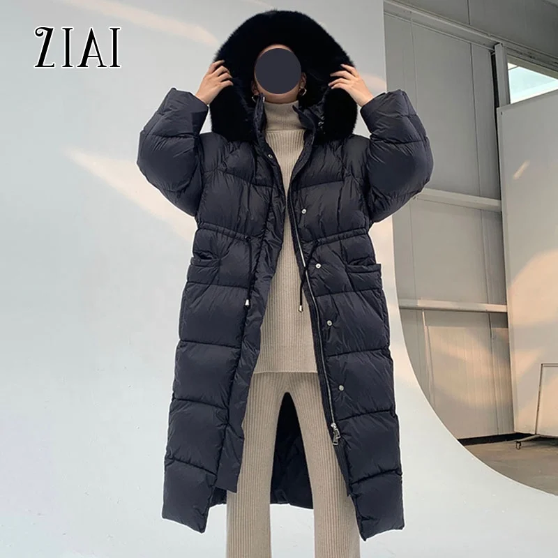 Wholesale winter 90 white duck down big fox fur collar waist tie down coat women winter long coat