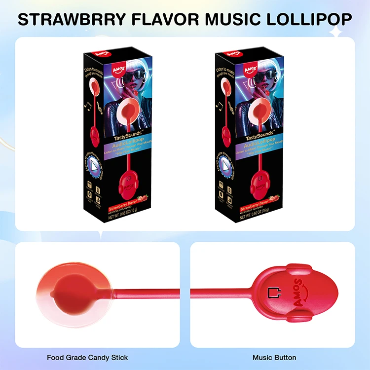 Amos Tastysounds Strawberry Flavor Hard Candy Toy Pop Music Lollipop