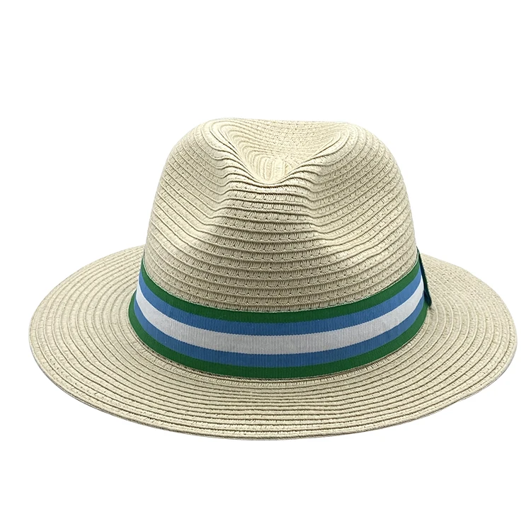 Wholesale Custom Plain Beige Customized Paper Summer Straw Sun Hats Women With Stripes Ribbon Decoration