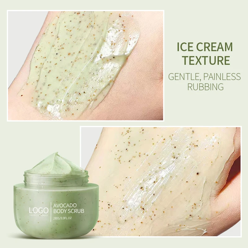 Custom own logo natural skin care 100% organic shea butter bodyscrub exfoliate wholesale ice cream fruit avocado body scrub
