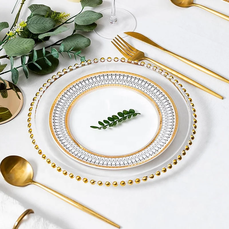 13 Inch Gold Clear Dinner Plates Gold Beaded Pp Plastic Silver Dinner Plate Crystal Dinner Charger Plates For Wedding