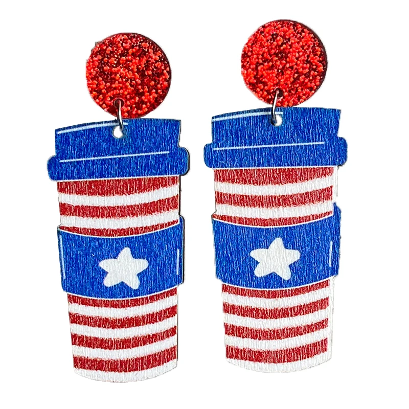 American Flag Wooden Drop Earrings Colorful Donut Coffee Ice cream Butterfly Shiny Acrylic Steel Pin Earrings