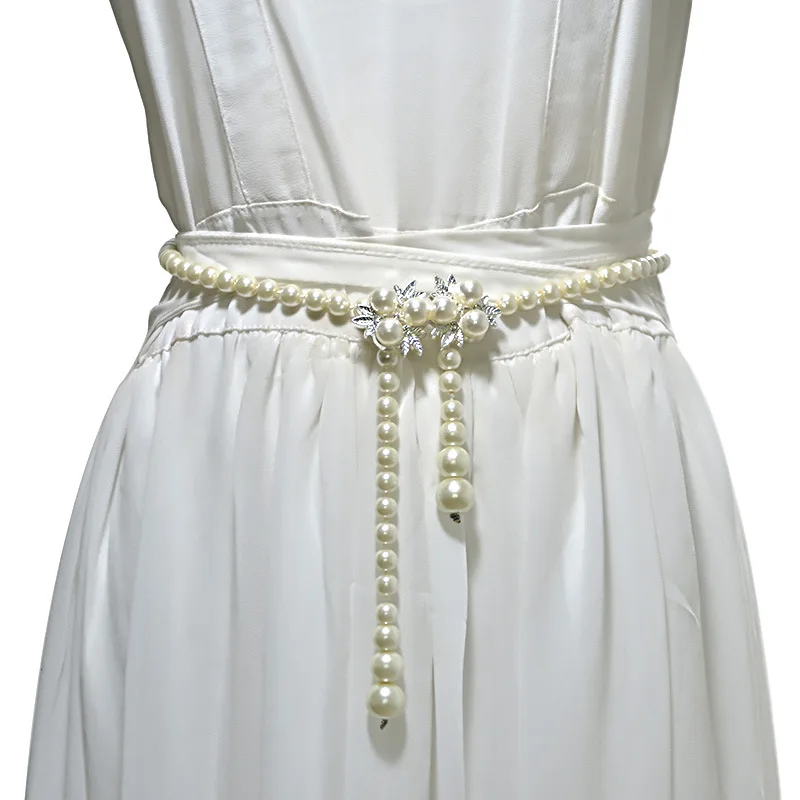 Fashion Women Elastic Belt Flower Girls Dress Decorative Belt Pearl Rhinestones Thin Waist Belts