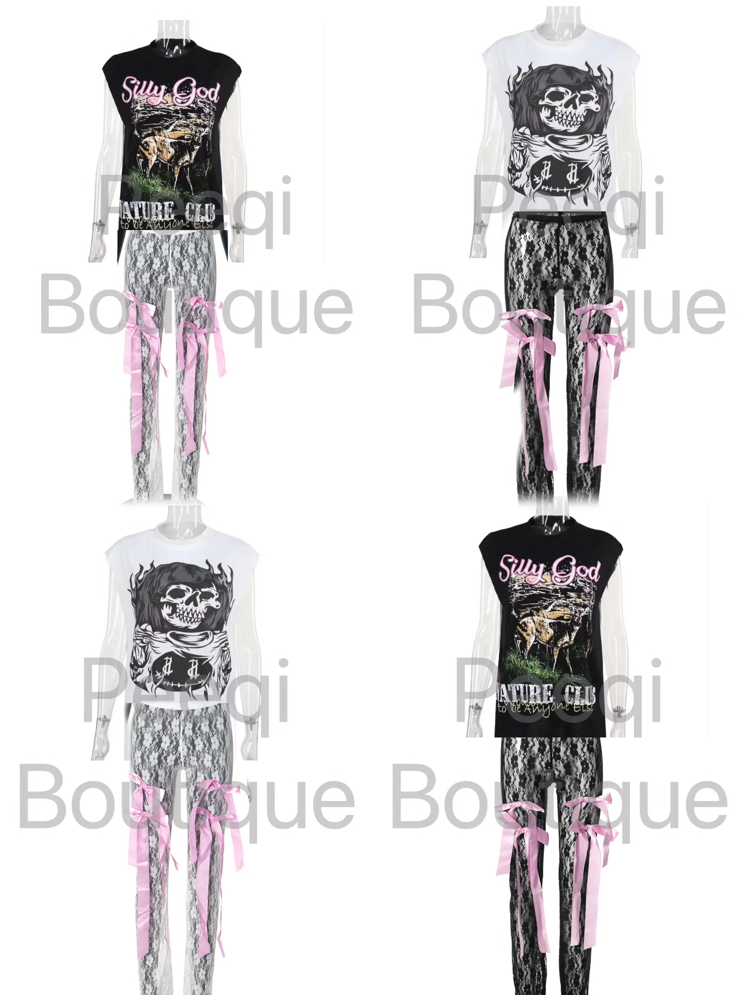 Peeqi Women Two Piece Set Summer Graphic Print Tank Top and Butterfly Lace See Through Pants sexy 2 piece set women streetwear