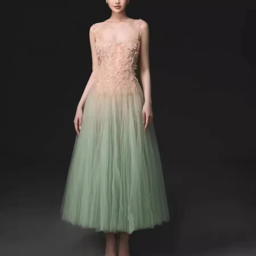 New arrivals dropshipping luxury lace patchwork mint green gauze fairy dress women