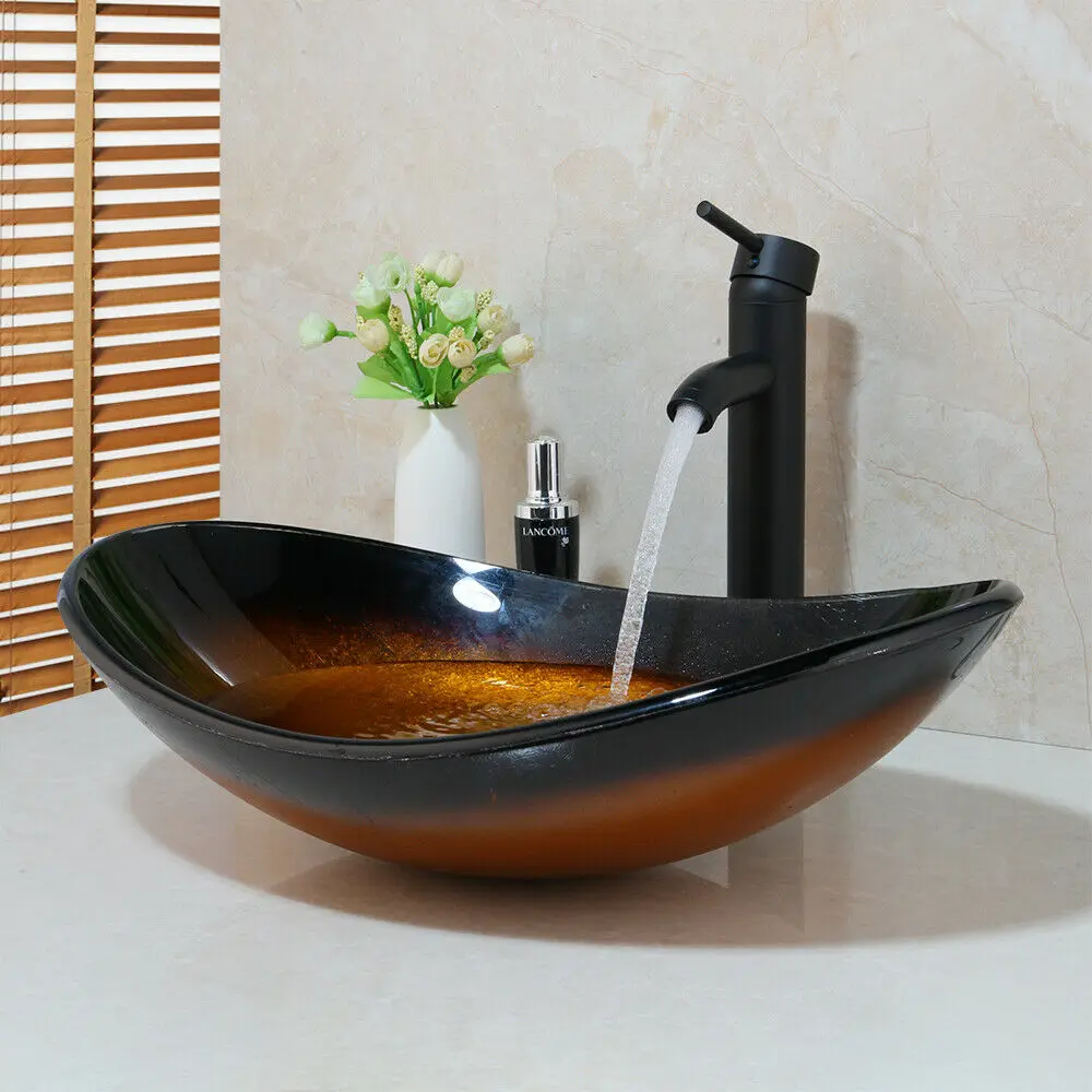 JIENI Bathroom Bowl Wash Basin Tempered Glass Sink Brass Black Mixer Faucet Drain Set